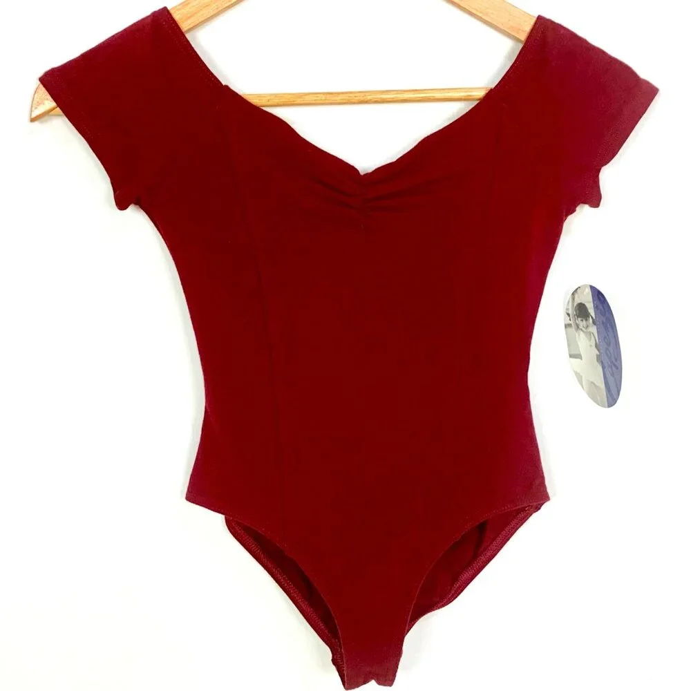 Capezio Child’s Short Cap Sleeve Pinch Front Leotard Size L Bodysuit Burgundy